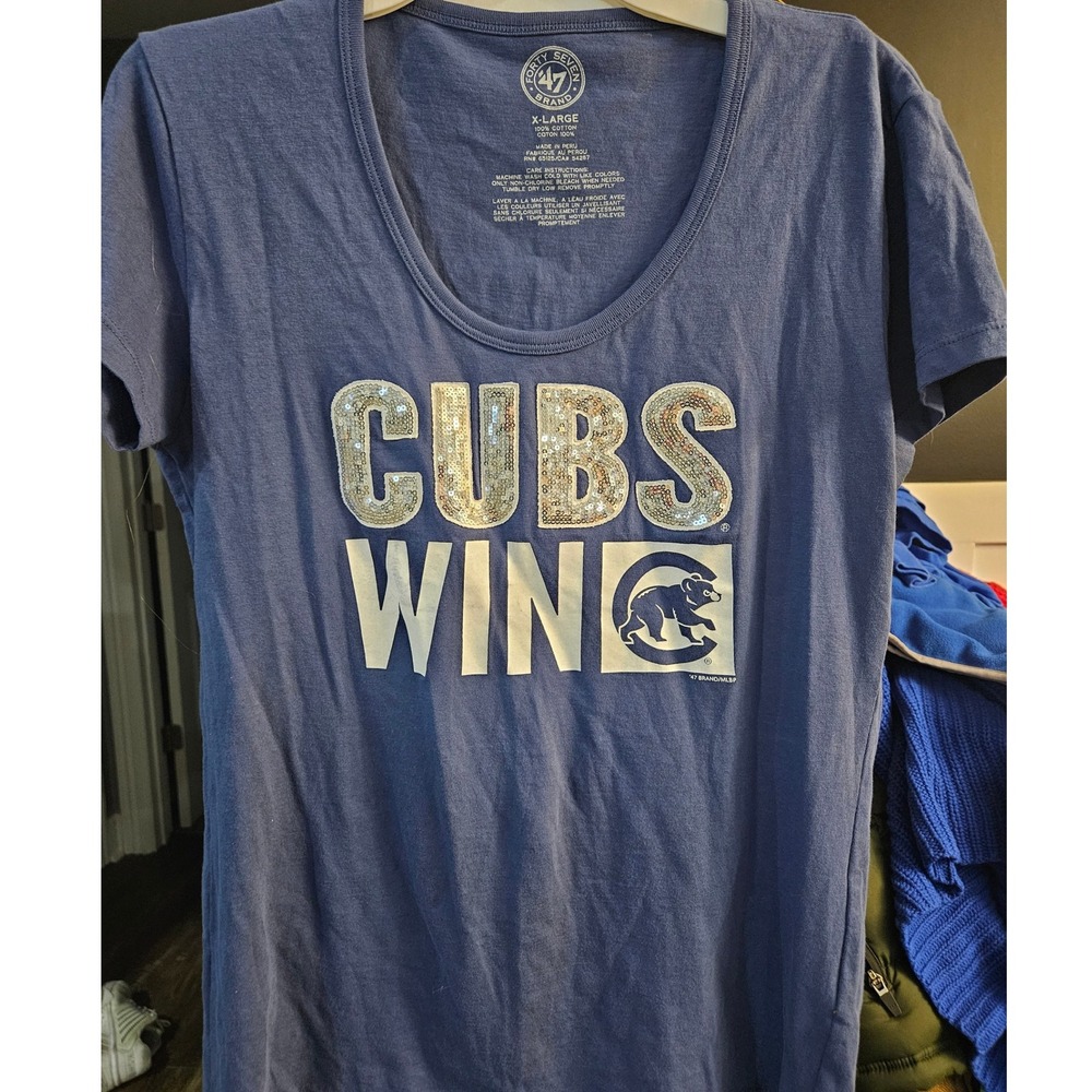 Baseball Season 47 Brand Cubs Women's XL T-Shirt Crew Neck Blue Cotton Casual!